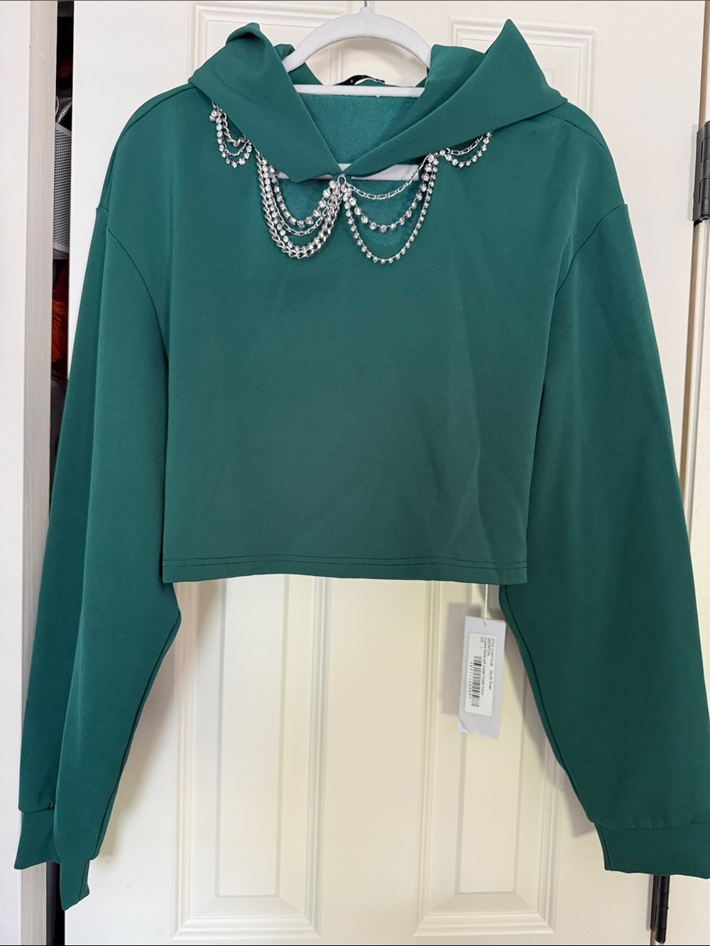 Area Green Cropped Hoodie with Chain and rhinestone Detail